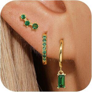 Sterling Silver Hoop Earrings Set 14K Gold Plated Silver Blue Emerald Green CZ H